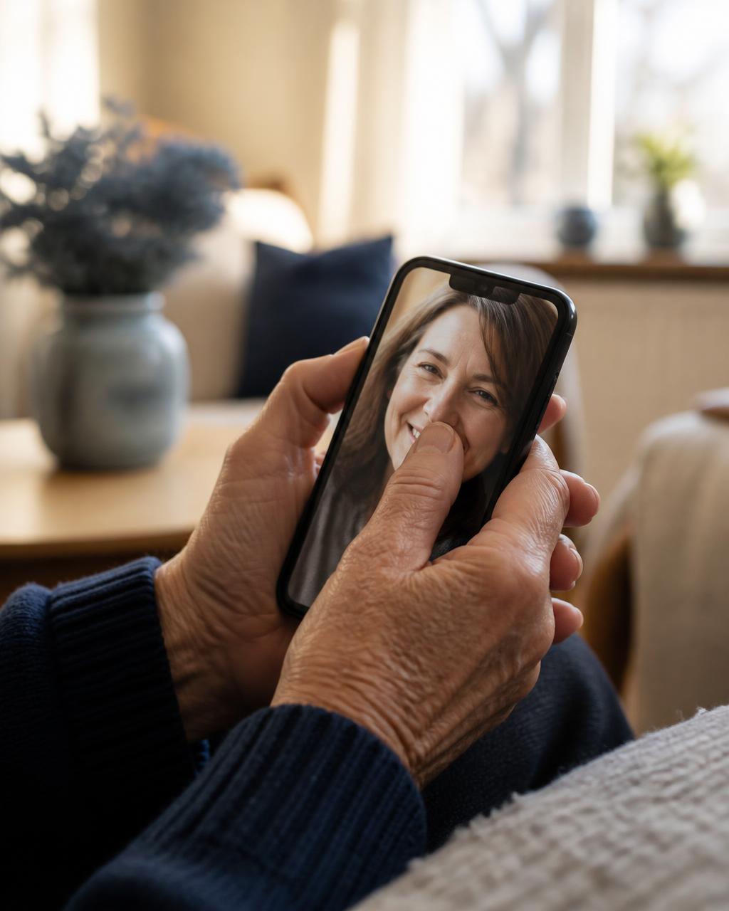 Närbild på ett par äldre händer som med hela tummen trycker mot ett stort ansiktsfoto på en telefonskärm