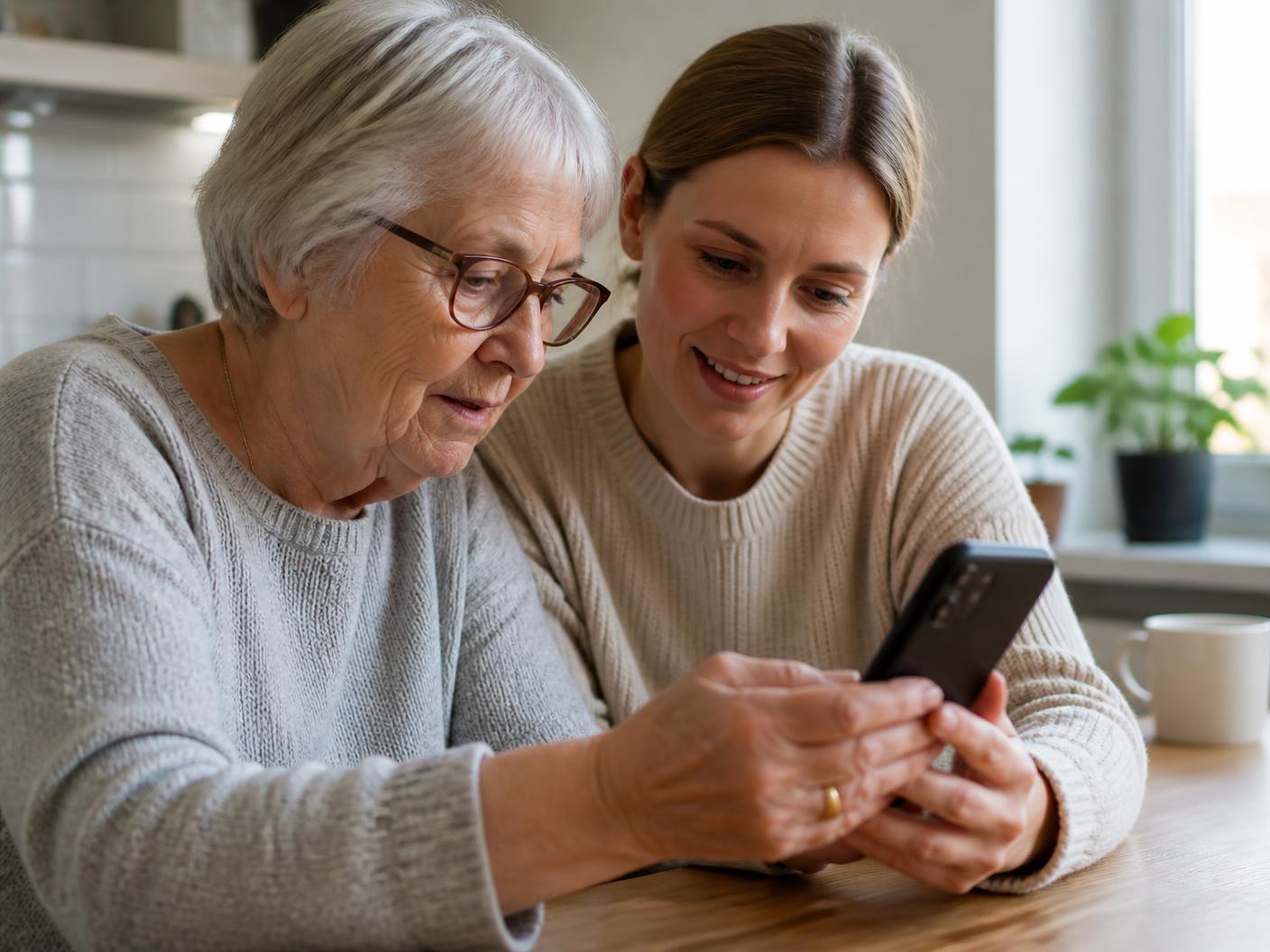 Två händer som ställer in en Android-telefon på ett köksbord